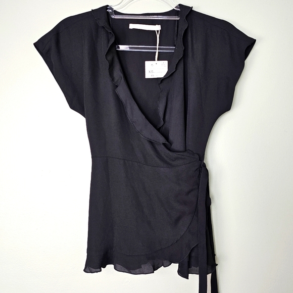 ZARA Trafaluc Collection Ruffled Black Wrap Waist Blouse, Cap Sleeves, XS - Picture 1 of 7